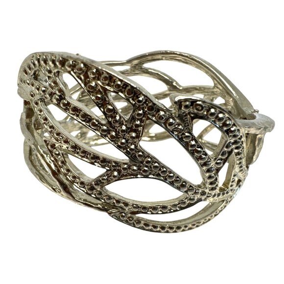 Silvertone Rhinestone Leaf Design Hinged Bracelet Open Filigree - Picture 4 of 4